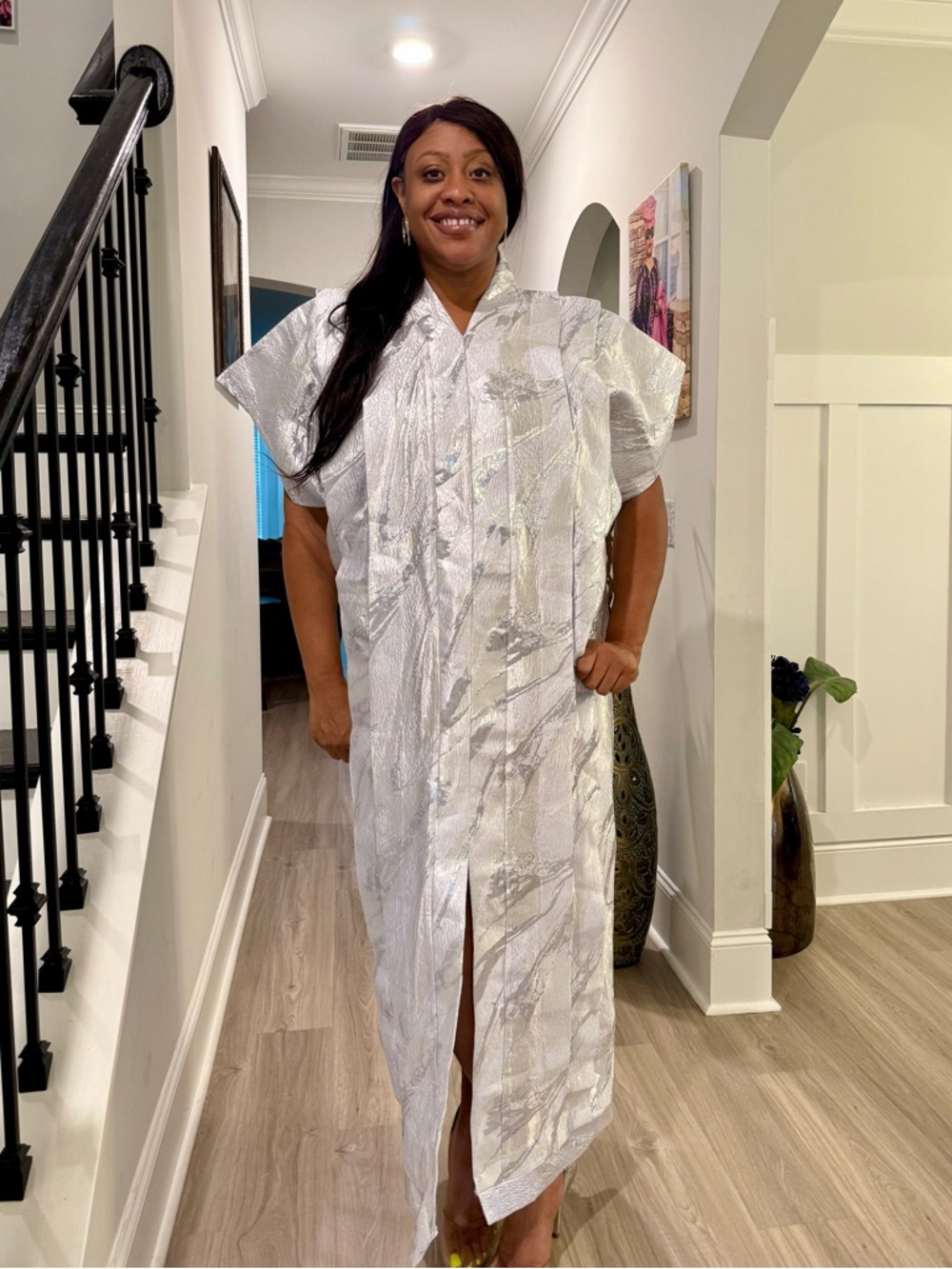 White Metallic Damask Brocade  Bubu Maxi   Dress